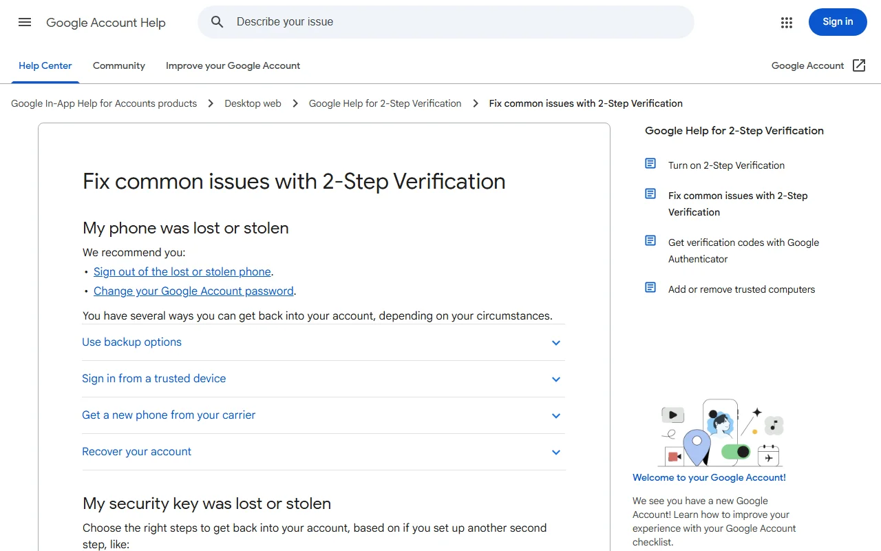 Google Account Help-ன் "Fix common issues with 2-Step Verification" பக்கத்தில் "My phone was lost or stolen" பகுதி; sign out மற்றும் password மாற்றம் பரிந்துரைக்கப்பட்டு, backup options, trusted device, carrier மூலம் புதிய phone, account recovery ஆகிய விருப்பங்கள் பட்டியலிடப்பட்டுள்ளன