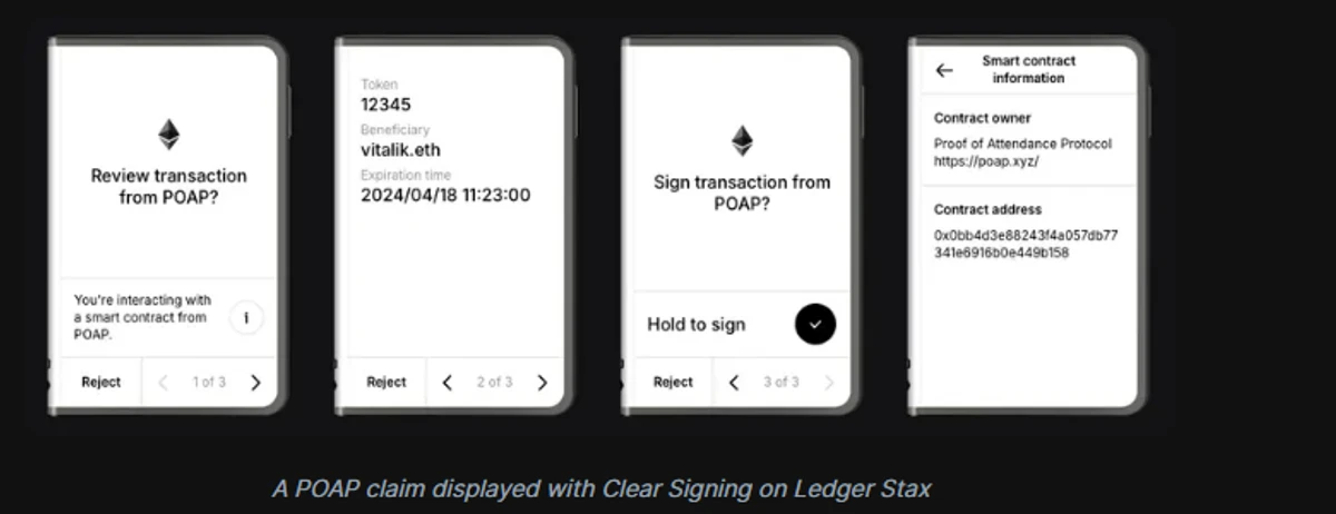 Ledger ஆவணத்தில் காட்டப்படும் clear signing எடுத்துக்காட்டு: device திரையில் token எண், beneficiary மற்றும் contract முகவரி படிக்கக்கூடிய வடிவில் தெரிகிறது