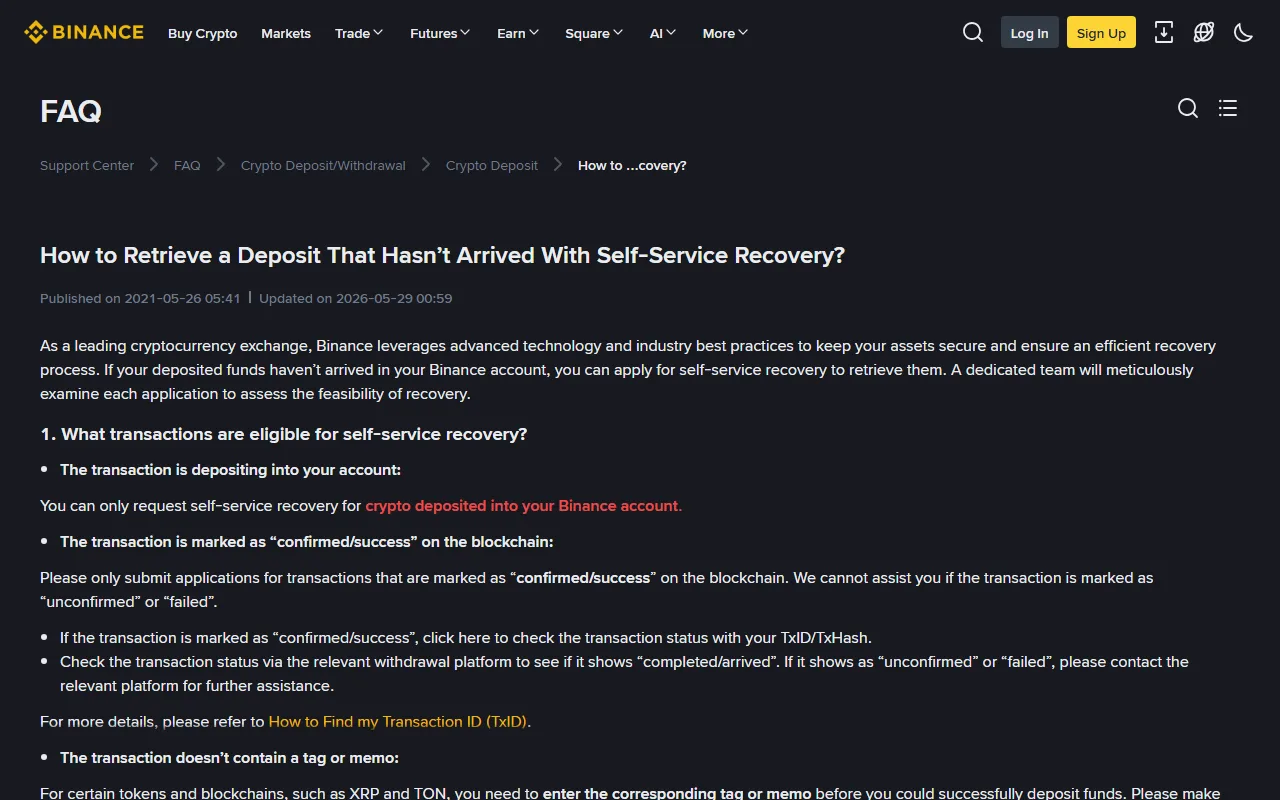 Binance அதிகாரப்பூர்வ FAQ பக்கம்: self-service recovery-க்கு எந்தப் பரிவர்த்தனைகள் தகுதி பெறுகின்றன என்ற பகுதி