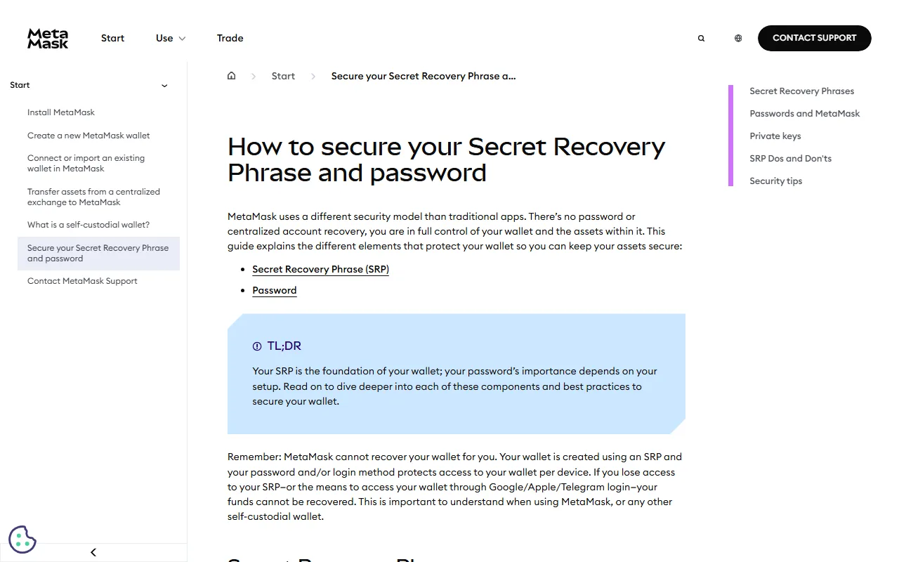 MetaMask Help Center-ல் Secret Recovery Phrase மற்றும் wallet password வேறுபாட்டை விளக்கும் உண்மையான பக்கம்; seed phrase எதுவும் காட்டப்படவில்லை