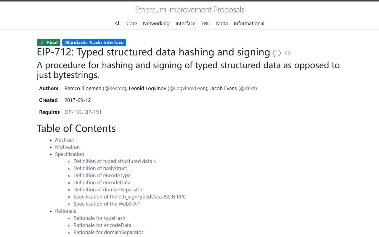 Ethereum Improvement Proposals தளத்தில் EIP-712 பக்கம்: Typed structured data hashing and signing, நிலை Final